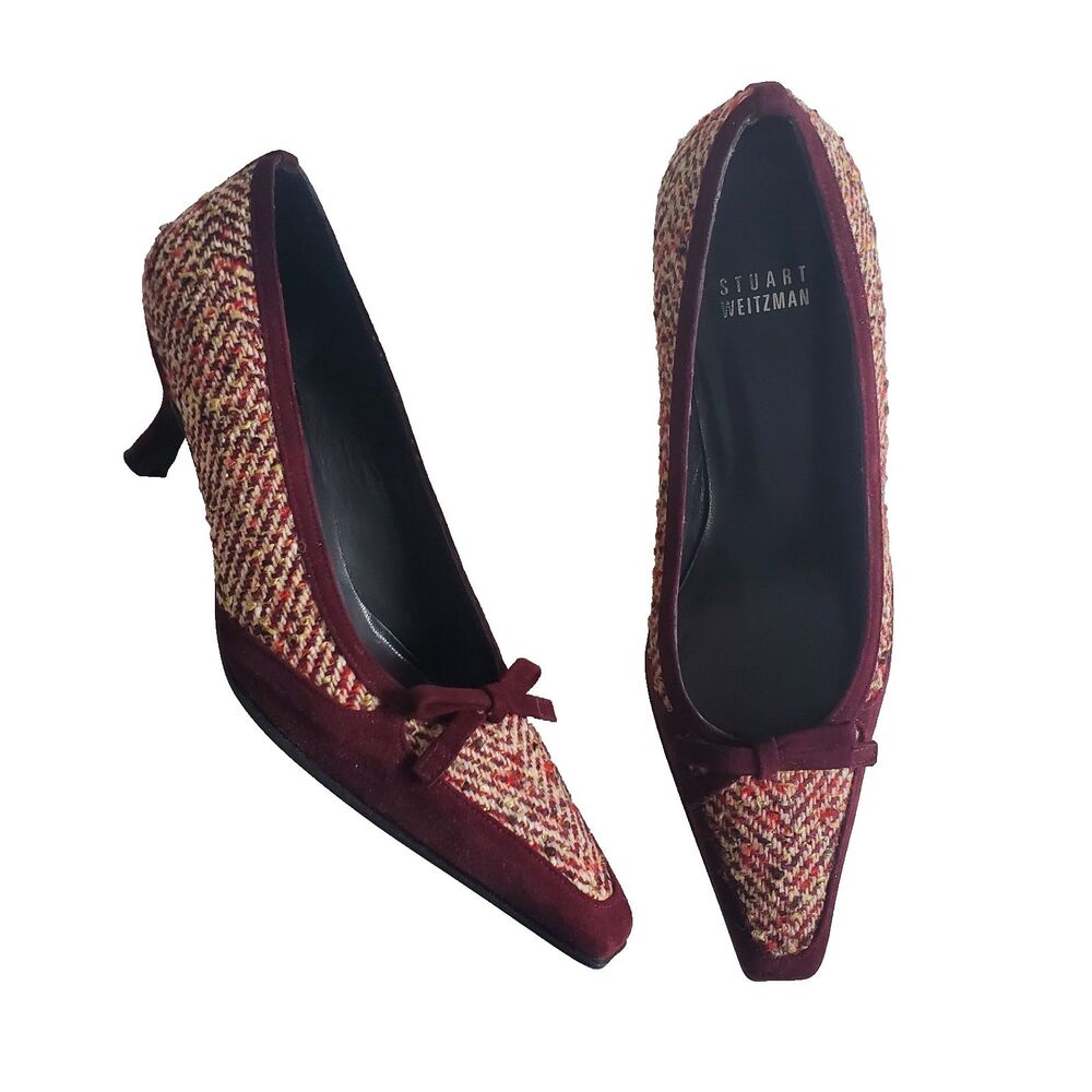 Stuart Weitzman Heels 6.5 Burgundy Tweed Bow Kitten Heel Shoes "Quirkless"